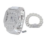 HALUKAKAH Set Orologio e Bracciale con Diamante Moissanite per Uomo - Placcato Oro Bianco Platino, Cinturino 24cm con Catena Cubana 20cm, 3 Lati Iced Out, Quadrante Quadrato - Scatola Regalo Inclusa