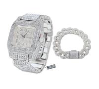 HALUKAKAH Set Orologio e Bracciale con Diamante Moissanite per Uomo - Placcato Oro Bianco Platino, Cinturino 24cm con Catena Cubana 20cm, 3 Lati Iced Out, Quadrante Quadrato - Scatola Regalo Inclusa