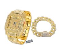 HALUKAKAH Set Orologio e Bracciale con Diamante Moissanite per Uomo - Placcato Oro Vero 18K, Cinturino 24cm con Catena Cubana 20cm, 3 Lati Iced Out, Quadrante Quadrato - Scatola Regalo Inclusa