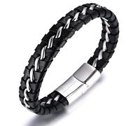 Halukakah ● Solo argento/oro/guardia notturna nera ● Bracciale da uomo fatto a mano | vera pelle nera | chiusura magnetica in acciaio inossidabile | catena in titanio | confezione regalo gratuita