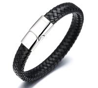 HALUKAKAH ● Solo ● Bracciale Uomo in Vera Pelle Cuoio Nero Titanio Acciaio Chiusura Magnetica Argento 8.46"(21.5cm) con Pacco Regalo Gratuito