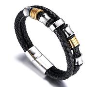 HALUKAKAH Uomo Bracciale in Pelle Bovina 18k Oro Vero/Platino Placcato Titanio Perline d'oro Argento Nero Chiusura Magnetica Dimensione Regolabile 21,5-23cm Regalo per Gli Uomini