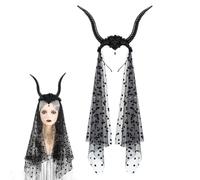 Halween Parrupoli - corna di capra gotica con velo | Pneumatici per capelli in costume inquietanti per le donne | Chiesa del cosplay gotico per feste di Halloween, Carnevale, palla mascherata e tema