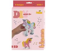 Hama Scatola da appendere, motivo: unicorni, circa 2.000 perline, 1 grande pannello forato esagonale, 4 supporti per perline, 1 connettore, foglio di disegno stampato a colori, istruzioni e carta da