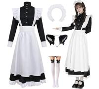 Hamanasu Costume da cameriera a maniche lunghe, con grembiule, orecchie di gatto, fascia per la fronte, calze al ginocchio, stile retrò, per cosplay, Halloween, carnevale, anime, giochi di ruolo, da