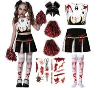 Hamanasu Costume da cheerleader zombie, costume da cheerleader per Halloween, con pompon, elastici per capelli, calzini e cicatrici, tatuaggi horror, carnevale, Halloween, feste, cosplay