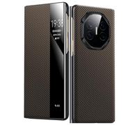 HAMEXLN Cover per Huawei Mate XTs, Sottile Custodia in Pelle Fibra Carbonio Texture con Smart Specchio View Flip Protezione Completa Guscio,Marrone,Mate XTs
