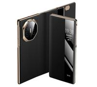 HAMEXLN Custodia per Huawei Mate Xts, Flip Vera Pelle Cover con Finestra di Apertura Lusso Copertura Completa Smart Specchio View Caso,Nero,Mate XTs