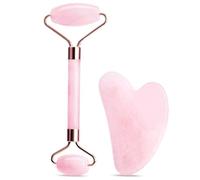 HAMKU 2Pcs Guasa Viso Kit, Gua Sa Massaggiatore Viso, Quarzo Rosa Skin Care Kit, Rullo di Giada per il Viso e Pietra Guasa il Viso, Lenisce i Muscoli Viso e Collo, Massaggio per Ridurre il Gonfiore