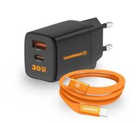 HAMMER RapidCharge Duo Caricatore USB-C 30W e USB-A con Cavo Incluso | Power Delivery e PPS, due porte per smartphone e accessori, caricatore da 60 g; 15 W totali durante la ricarica simultanea