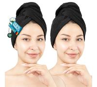 Hammetex Asciugamani per capelli da donna, 100% cotone, confezione da 2, soffici e ad assorbimento rapido, ad asciugatura rapida, turbante per capelli, con bottone, nero