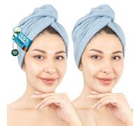 Hammetex Set di 2 asciugamani per capelli con bottone, 100% cotone, ad asciugatura rapida, assorbente, certificati Oeko-TEX, colore blu chiaro