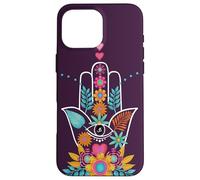 Hamsa mano di Fatima con fiori viola OM segno spirituale Custodia per iPhone 16 Pro Max