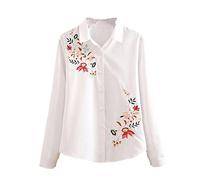Hamthuit Camicetta lunga da donna con ricamo in piuma di cotone manica lunga allentata da lavoro in ufficio top button down camicie, Bianco 1521, XXXL
