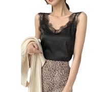 Hamthuit Top estivi da donna in raso per le donne con scollo a V Basic senza maniche in pizzo canotte da donna Top in seta gilet bianco, Nero , L