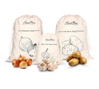HanaMoon Confezione da 3 sacchetti in cotone per patate, cipolle e aglio, sacchetti riutilizzabili con coulisse, traspiranti, ecologici, lavabili, 2 grandi (40 x 30 cm) + 1 piccolo (25 x 20 cm)