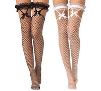 Hanaoops 2 Paia di Calze con Giarrettiera a Fiocco Calze con Bordo in Pizzo per Donne Sexy Calze a Rete Sopra Il Ginocchio Collant Elastici (IT, Testo, Taglia unica, Regular, Regular, Bianco e nero1)