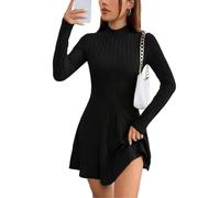 Hanaoops Abito a Maniche Lunghe in Maglia da Donna Autunnale Invernale Vestito in Maglia con Scollo Rotondo Elegante Pullover Abito Mini Casual Tunica Tinta Unita Linea ad A Abito