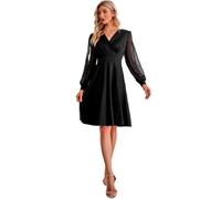 Hanaoops Abito da Donna Scollo a V Pizzo Manica Lunga Vestito da Festa Vintage Vita Alta Lunghezza al Ginocchio Midi Abiti Invernale Casual A-Line Vestiti per Cocktail Sera Cerimonia Matrimonio