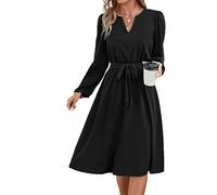 Hanaoops Abito Donna Casual a Maniche Lunghe Vestito Vita Alta A Line Midi Abito Elegante Scollo a V Nero Vestiti Autunno Inverno Abito Avvolgenti con Cintura per Festa Natale Matrimonio