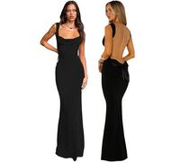 Hanaoops Abito Lungo da Donna Sexy Senza Schienale Maxi Vestito da Cocktail Elegante Senza Maniche Aderente Vestito Estate Tinta Unita Bodycon Vestito da Cerimonia per Party Cocktail Sera