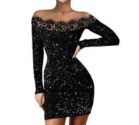 Hanaoops Abito Paillettes Donna Corto Vestito Aderente Sexy Maniche Lunghe Mini Abito Elegante da Sera Vestito Senza Spalle Scoperte Brillante Bodycon Abiti per Discoteca Festa Cocktail Cerimonia