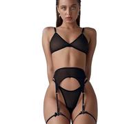 Hanaoops Completo Intimo Donna Sexy Set di Lingerie Reggiseno e Slip con Giarrettiera 3 Pezzi EroticoTrasparente Reggicalze Set per Anniversari o San Valentino