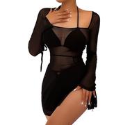 Hanaoops Copricostume Donna Mare Abito da Spiaggia in Rete Sexy Trasparente Mini Abito con Maniche Lunghe Estate Spacco Bikini Cover Up Abito in Tulle Nero Corti Abiti per Discoteca Costume da Bagno