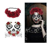 Hanaoops Dia De Los Muertos Fascia Cerchietto di Halloween Messicani Floreale Rose Copricapo Corona con Tatuaggi Temporanei per Carnevale Giorno dei Morti