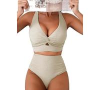 Hanaoops Donna Costume da Bagno Push Up Imbottito Reggiseno Bikini Scollo a V Swimsuit Vita Alta Tummy Control Ruched Swimwear Sexy Due Pezzi Regolabile Bikini Set