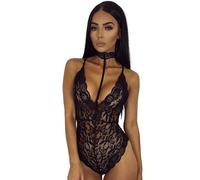 Hanaoops Lingerie Donna Sexy Intima da Notte Scollo a V Pizzo Erotico Sleepwear Trasparente Halter Teddy Babydoll Cattivo Un Pezzo Abbigliamento Erotico Nuovo Sexy Body Intima Floreale