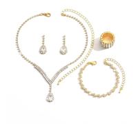 Hanaoops Set di Gioielli da Sposa Strass Scintillanti Collana Braccialetto Anello e Orecchini Set da Donna Elegante Set di Gioielli in Argento per Fidanzata Moglie per San Valentino (Oro)