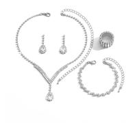 Hanaoops Set di Gioielli da Sposa Strass Scintillanti Collana Braccialetto Anello e Orecchini Set da Donna Elegante Set di Gioielli in Argento per Fidanzata Moglie per San Valentino (Argento)