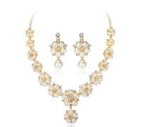 Hanaoops Set di Gioielli per Donne Nozze Sposa Gioielleria Parure Strass Fiore Collana e Orecchini Pendenti Set Simulato Perle Festive Damigella D'onore Gioielleria (Oro, Taglia Unica)