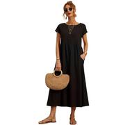 Hanaoops Vestiti da Donna Estivo Casual Lungo Abito Manica Corta Scollo Rotondo Maxi Vestito Eleganti Tinta Unita Vestito Boho Abiti al Lunghi Larghe da Spiaggia con Tasche