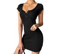 Hanaoops Vestito Donna a Maniche Corte Vestito Estivo Abito Casual in Abito Sexy Moda Casual Elasticizzato Mini Abito con Bottoni Festa da Sera Mini Abito con Scollo Quadrato