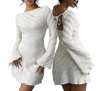 Hanaoops Vestito Donna Sexy a Maniche Lunghe Mini Abito a Maglia Elegante Corto Girocollo Senza Schienale A Linea Vestito Tinta Unita Casual Aderente Abito per Discoteca Cocktail Party Autunno Inverno