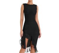 Hanaoops Vestito Donna Sexy Schiena Scoperta Senza Maniche Midi Abito con Spacco Orlo a Volant Increspato Bodycon Dress in Tulle Estivo Collo Rotondo Aderente Abiti per Party Club Cocktail