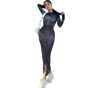 Hanaoops Vestito Lungo Donna Discoteca Maniche Lunghe Aderente Abito con Collo Rotondo Sexy Maxi Bodycon Vestito Tie Dye per Cocktai Feste Cerimonie e Party Tubino Autunno Inverno