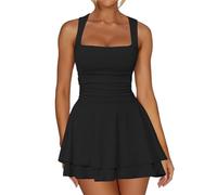 Hanaoops Vestito Sexy Donna Colletto Quadrato Senza Maniche Mini Abito Elegante Estivo Vestiti Corto da Sera Nero Increspato Aderente Miniabito per Party Cocktail Discoteca