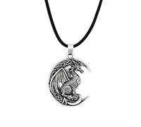 Hanary Collana da uomo con ciondolo a forma di drago celtico su luna crescente, cordoncino in finta pelle, idea regalo