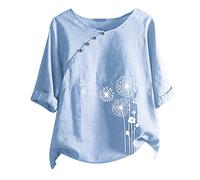 Hanaturu Maglietta estiva da donna in cotone e lino, vestibilità casual, alla moda, con fiori, a maniche corte, taglie forti, 01-azzurro, XXL