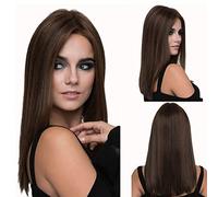 HANBKU Set di Parrucche di Media Lunghezza per Donne Europee e Americane Capelli Lisci di Media Lunghezza Tinti Capelli Lunghi castani con graziosa Riga Media