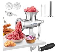 Hanchen Tritacarne manuale in acciaio inox n. 5, tritacarne a spruzzo, tritacarne a mano, con riempitivo per salsicce, macchina manuale con piastre da taglio da 8 mm e 4,5 mm