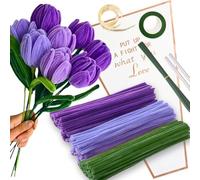 HanCheng Tulip - Set di 150 scovolini colorati in 3 colori (viola medio, viola chiaro, verde, 8 fili per fioristi, nastro per fioristi, sacchetti di cellophane per fiori, nastro in cellophane per