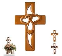 Hand-Carved Intertwined Hearts Wooden Cross, Handmade Wooden Cross with Intertwined Hearts, Meaningful Religious Gift, for Friends (A)