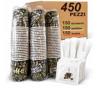 HAND Kit Pausa Caffè Completo 450 Pezzi - 150 Bicchierini Monouso per Caffè, 150 Palette e 150 Bustine di Zucchero Monodose, Set Pronto all'Uso per Ufficio, Azienda, Eventi e Sale Riunioni (450 Pezzi)