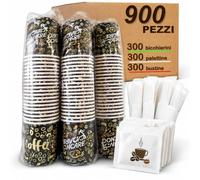 HAND Kit Pausa Caffè Completo 900 Pezzi - 300 Bicchierini Monouso per Caffè, 300 Palette e 300 Bustine di Zucchero Monodose, Set Pronto all'Uso per Ufficio, Azienda, Eventi e Sale Riunioni