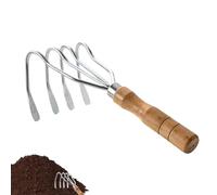 Hand Rake Scraper, Wood Handle Beach, 10.63x4.13in 4 Teeth Multifunctional Tool, Calm Stainless Steel Head, Clamming Lake Farm for Landscaping, Pond, Camping, Seashell Collecting