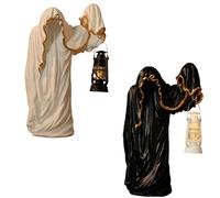 Handcrafted Ghost Wizard Lantern Ornament,Halloween Faceless Ghost Statue,Ghost Witch Halloween Decoration, Vintage Wizard Figurine,for Indoor Outdoor Home Yard Garden Decor (Black+White)